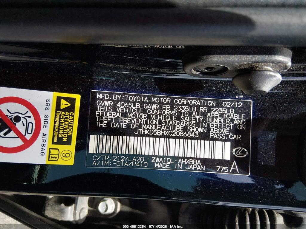 JTHKD5BHXC2086843 2012 LEXUS CT 200H photo no. 9