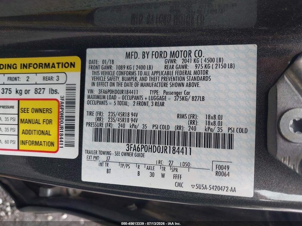 3FA6P0HD0JR184411 2018 FORD FUSION photo no. 9