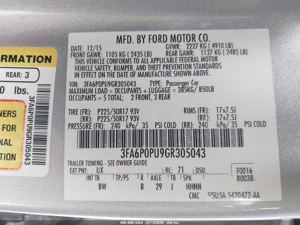 3FA6P0PU9GR305043 2016 FORD FUSION ENERGI photo no. 9