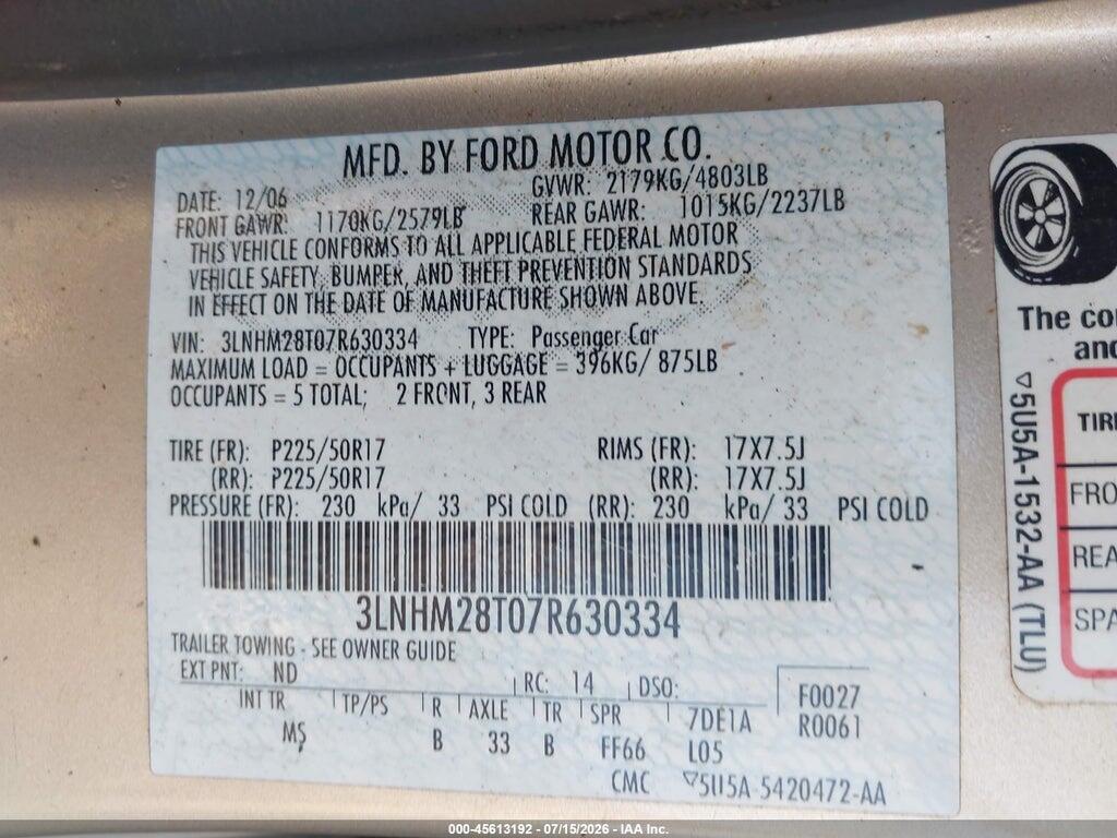 3LNHM28T07R630334 2007 LINCOLN MKZ photo no. 9