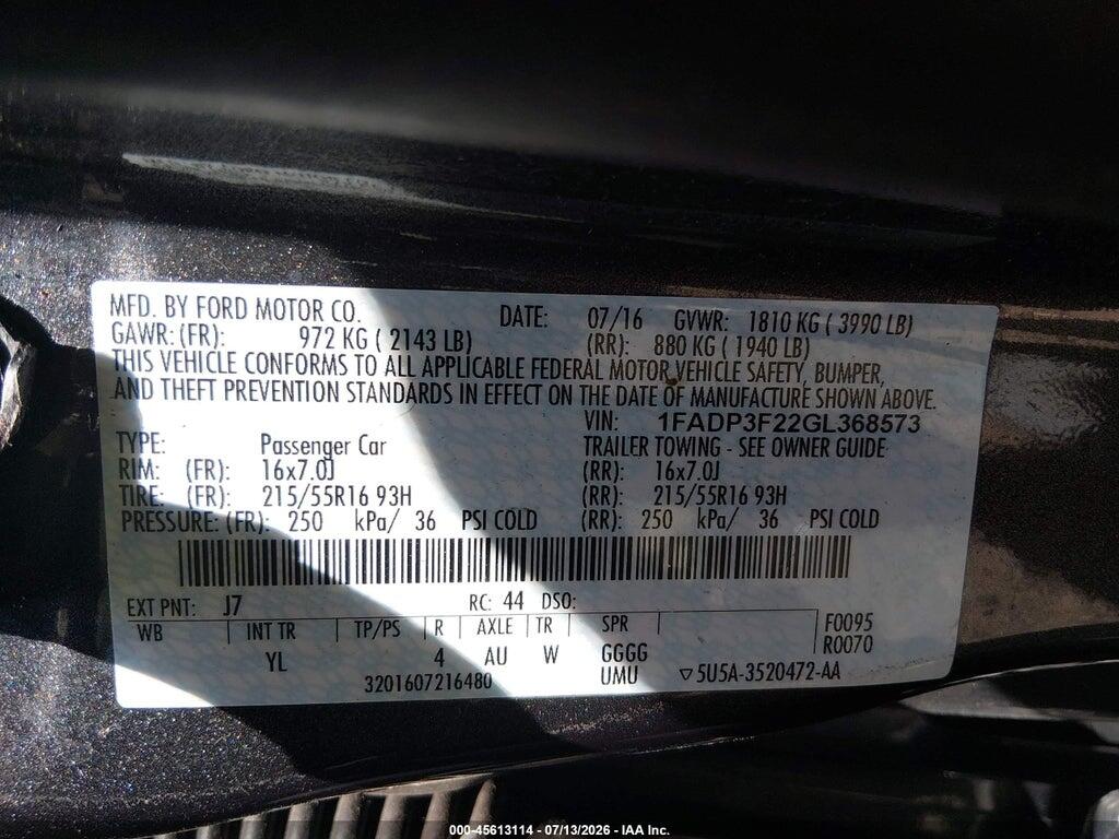 1FADP3F22GL368573 2016 FORD FOCUS photo no. 9
