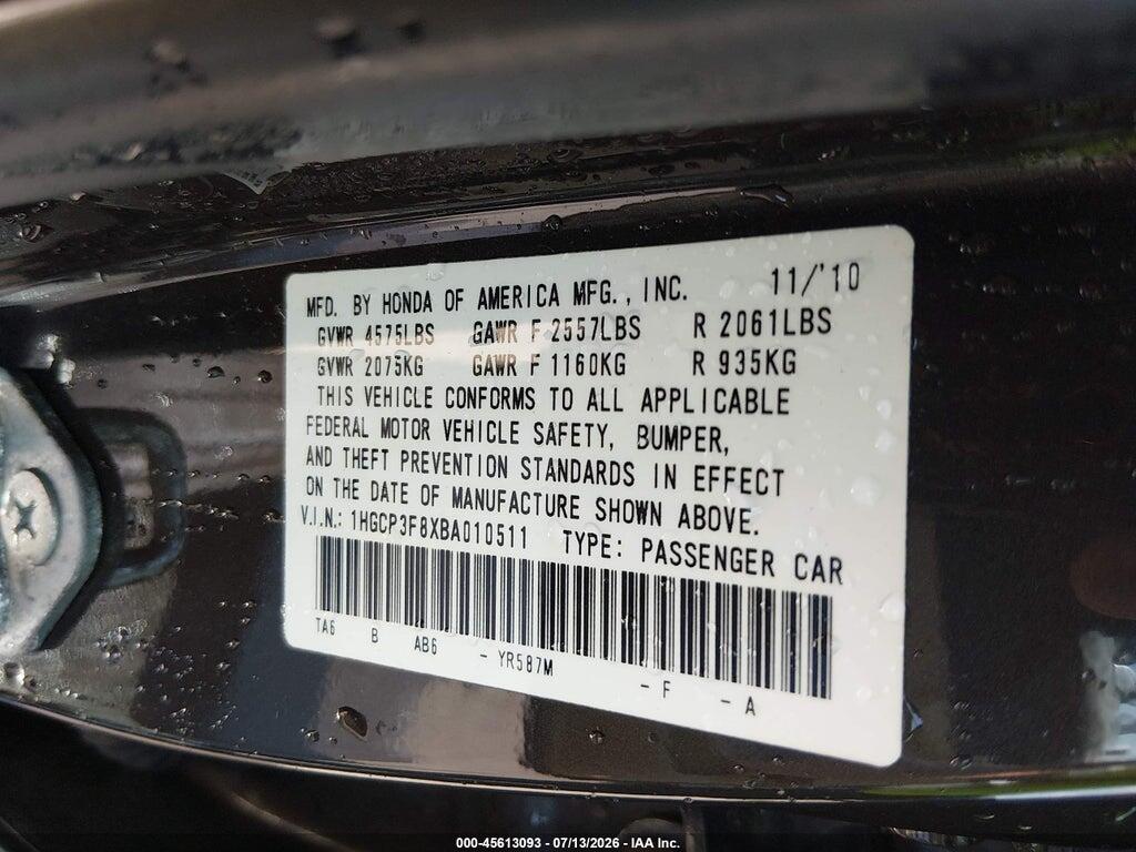 1HGCP3F8XBA010511 2011 HONDA ACCORD photo no. 9