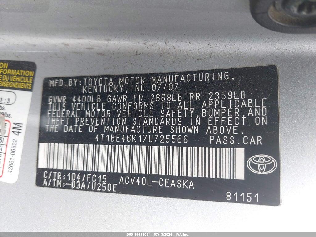 4T1BE46K17U725566 2007 TOYOTA CAMRY photo no. 9